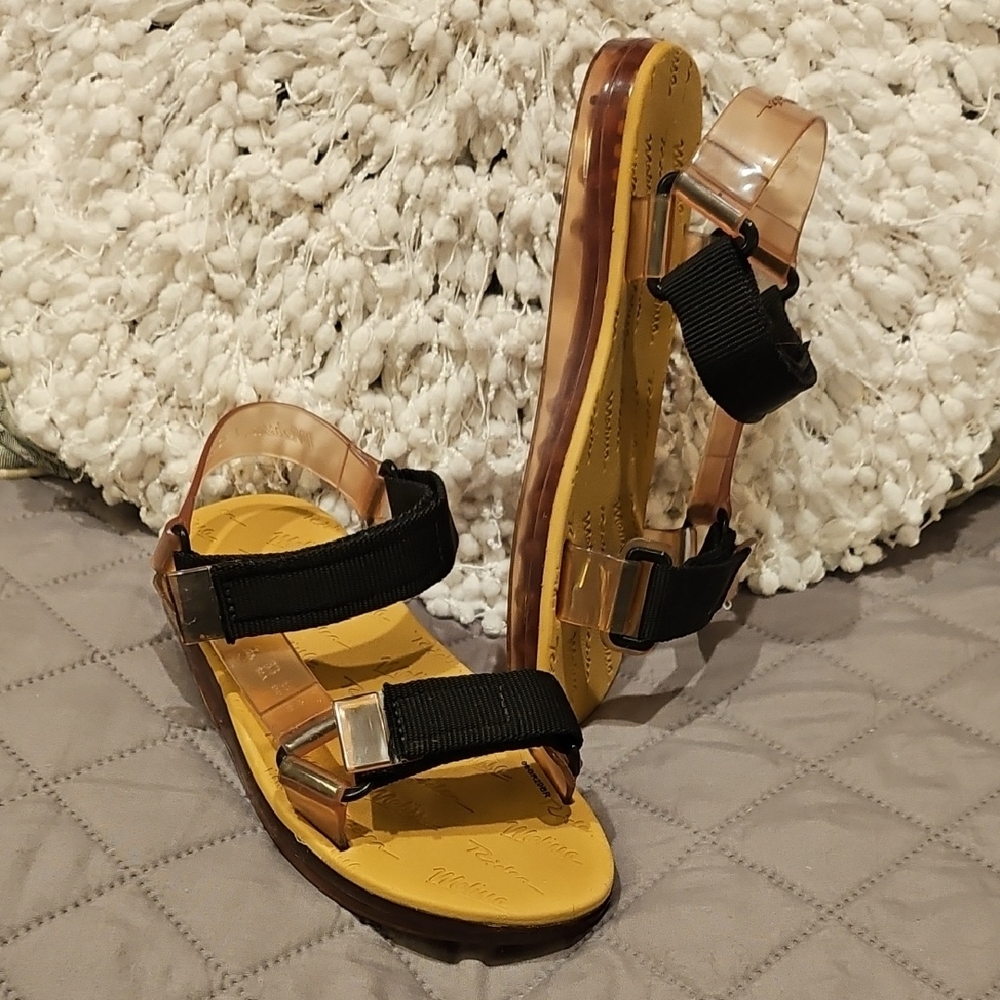 Melissa Rider Papete Strap Black and Tan Sandals with Velcro Straps